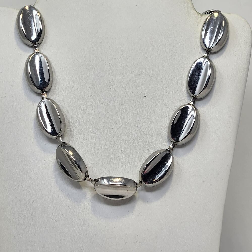 Talbots Silver Tone Oval Metal Statement Necklace Chunky Toggle Clasp Modernist